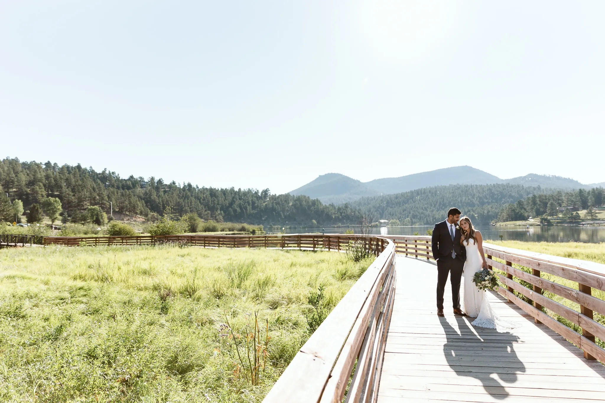 Evergreen Lake House wedding photos on the wooden walkways