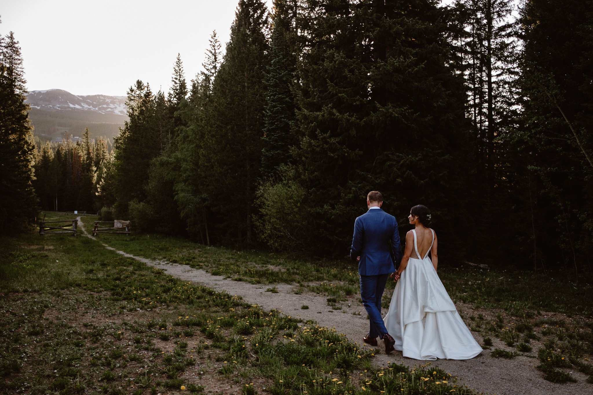 Breckenridge Nordic Center Wedding Photographer, bride and groom portraits in woods at golden hour, Summit County wedding photographer