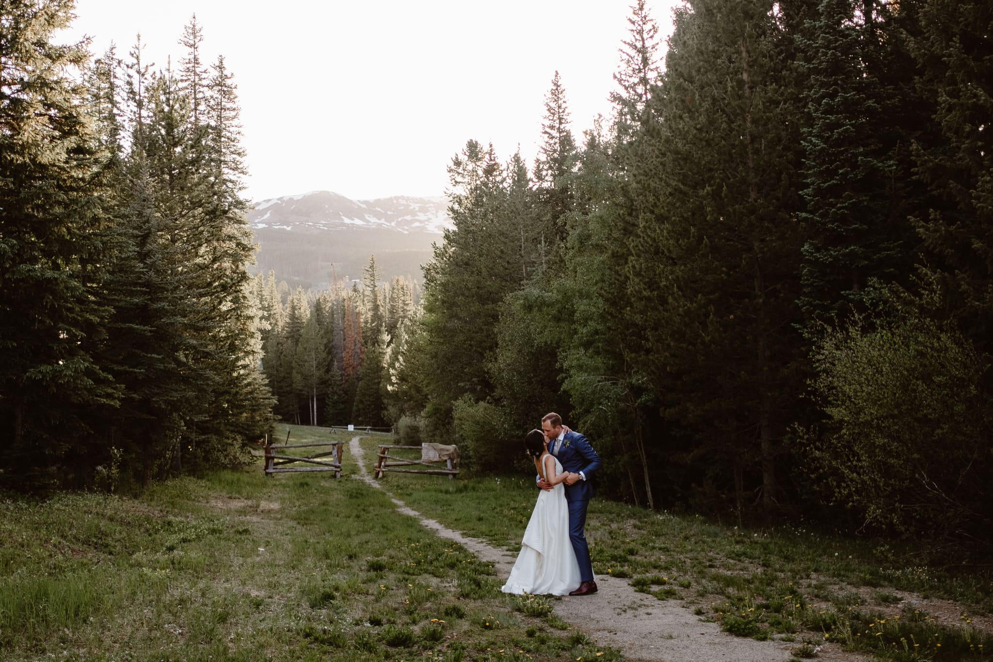 Breckenridge Nordic Center Wedding Photographer, bride and groom portraits in woods at golden hour, Summit County wedding photographer