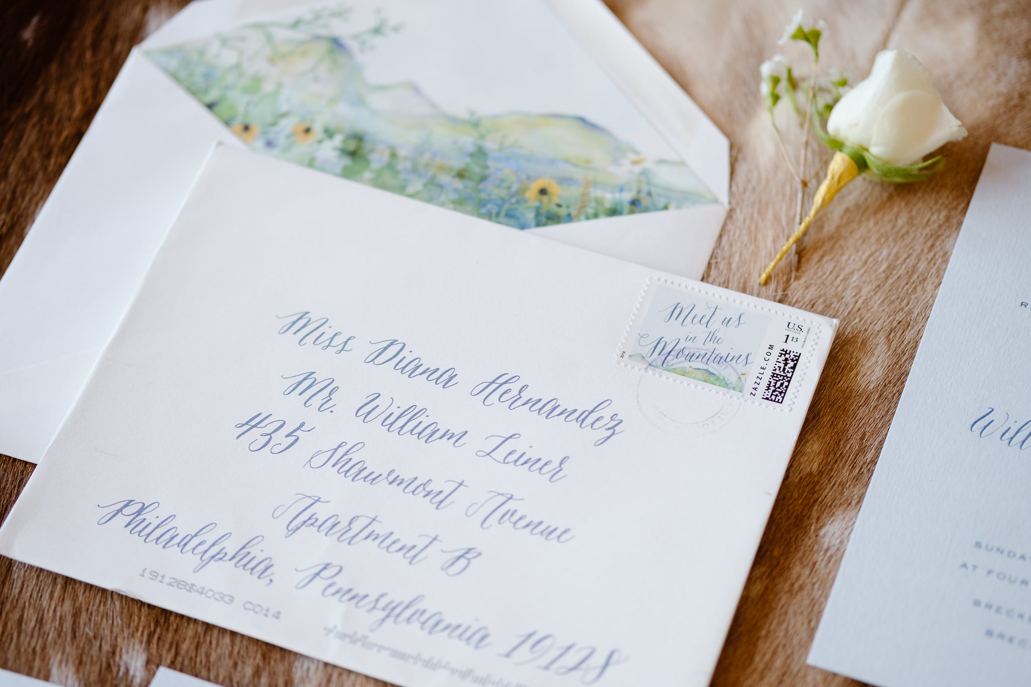 Mountain inspired wedding stationery with watercolor paint by Cheree Berry Paper, Breckenridge Nordic Center wedding