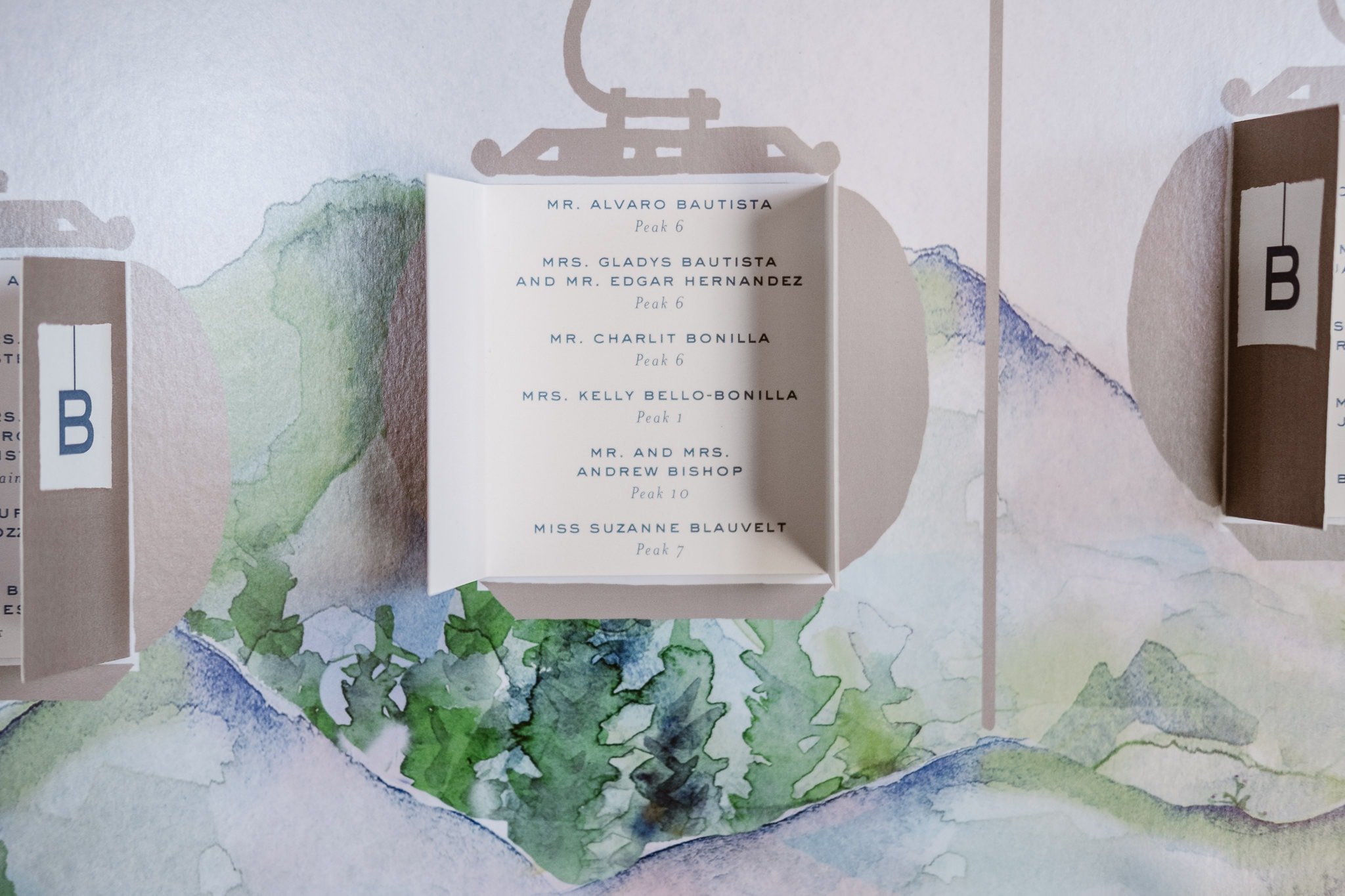 Mountain and ski lift inspired Escort Cards by Cheree Berry Paper at Breckenridge Nordic Center wedding, Summit County wedding photographer
