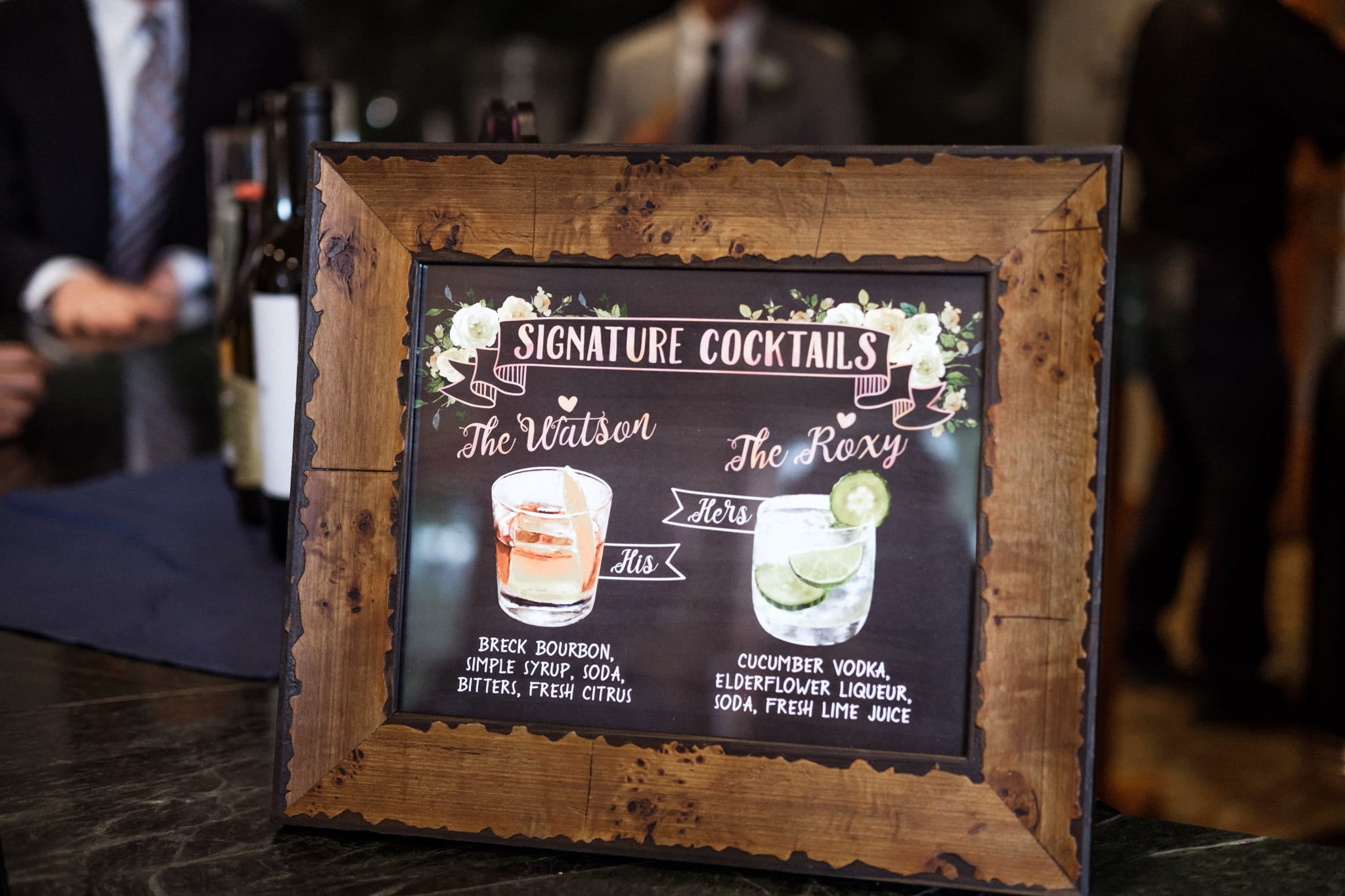 Bride and groom signature cocktails with custom sign and cute drawings, Main Street Station wedding venue, Breckenridge wedding photographer