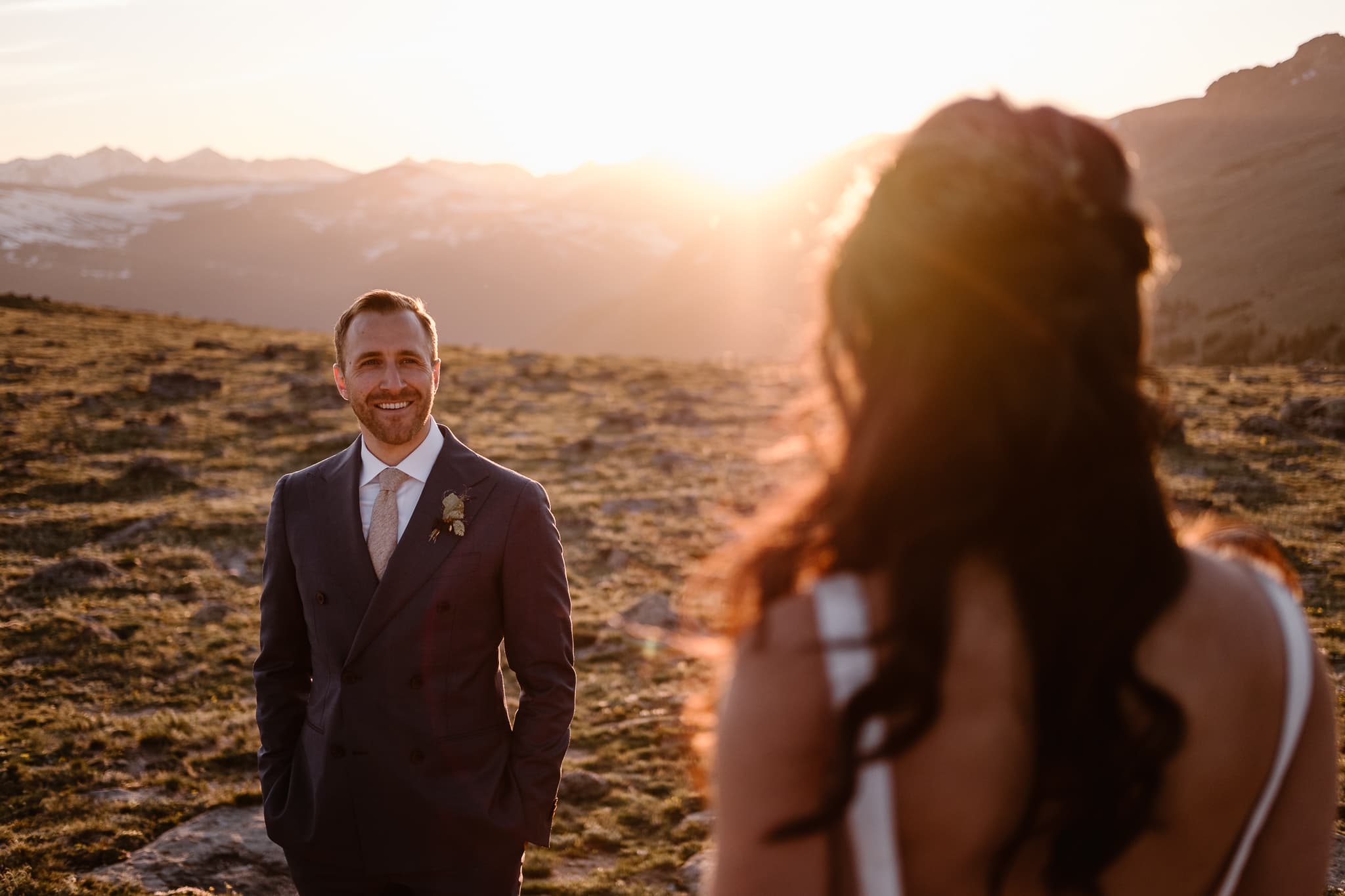 Trail Ridge Road Elopement Photographer, Colorado adventure wedding photography, mountain hiking elopement, bride and groom at sunset