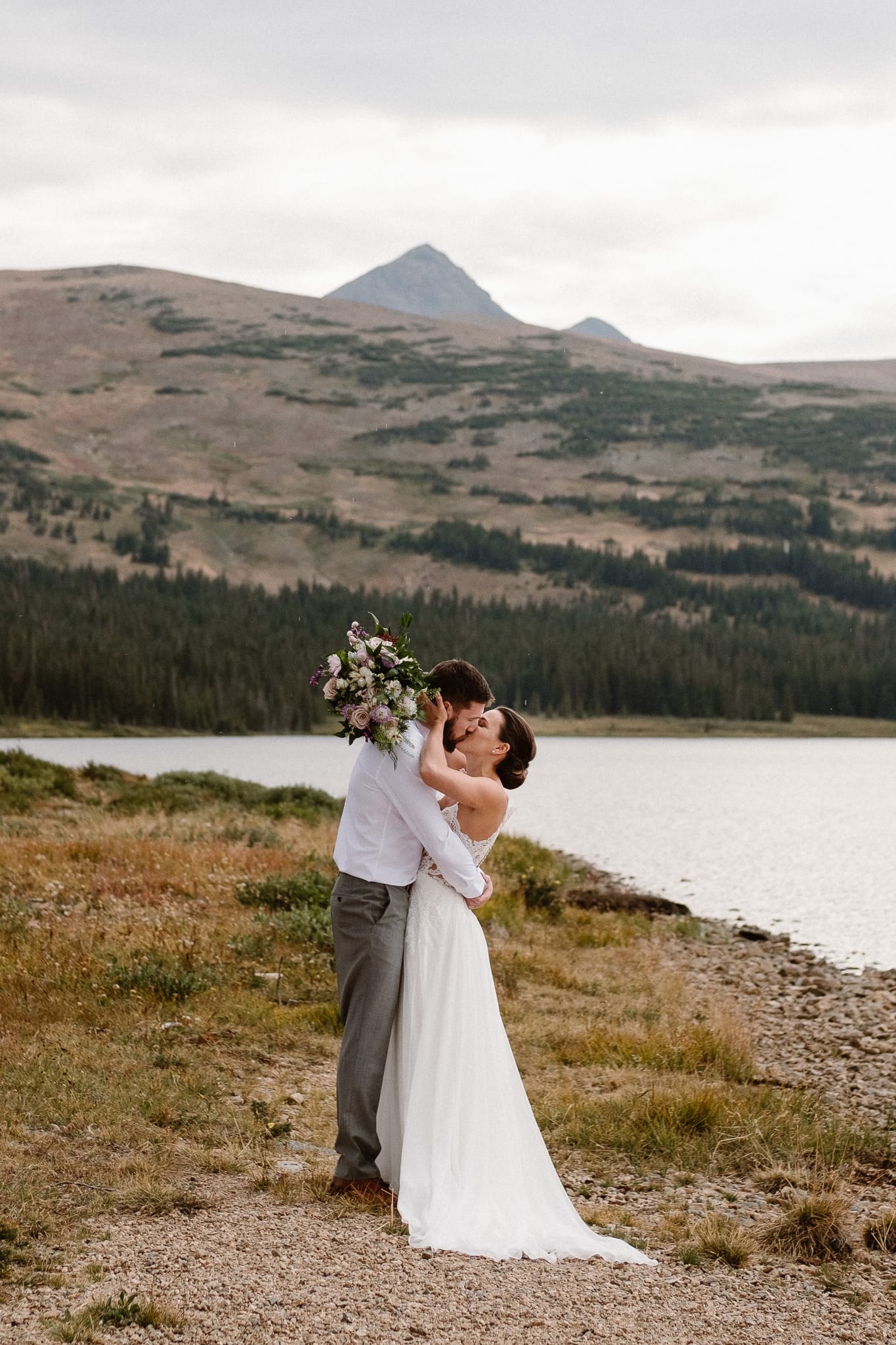 Colorado mountain elopement photographer, alpine lake adventure wedding, Boulder wedding photographer, bride and groom portraits in mountains, laidback boho wedding, hiking elopement