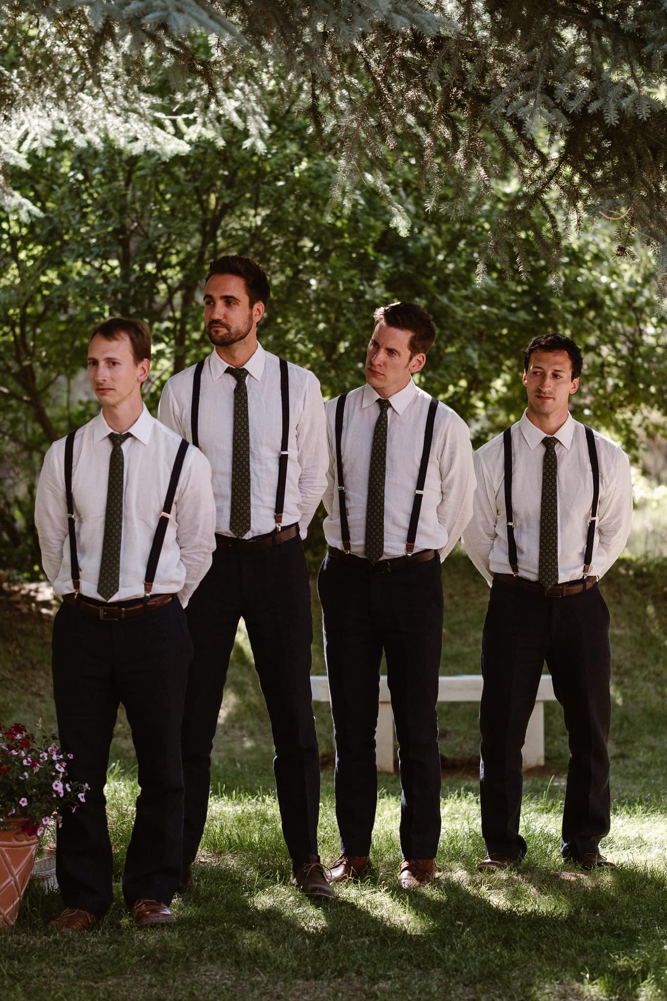Redstone Inn wedding photographer, Carbondale wedding photographer, Colorado intimate wedding photographer, wedding ceremony, groomsmen in white shirts with black ties and suspenders