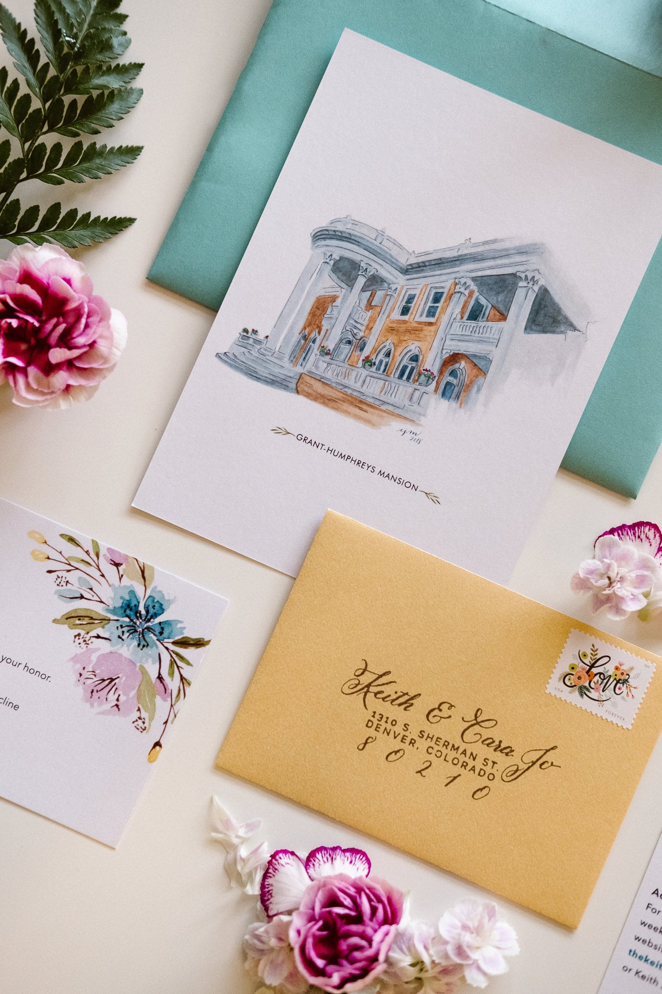 Grant Humphreys Mansion Wedding Photographer, Denver wedding photographer, Colorado wedding photographer, watercolor wedding invitations, hand painted wedding stationery