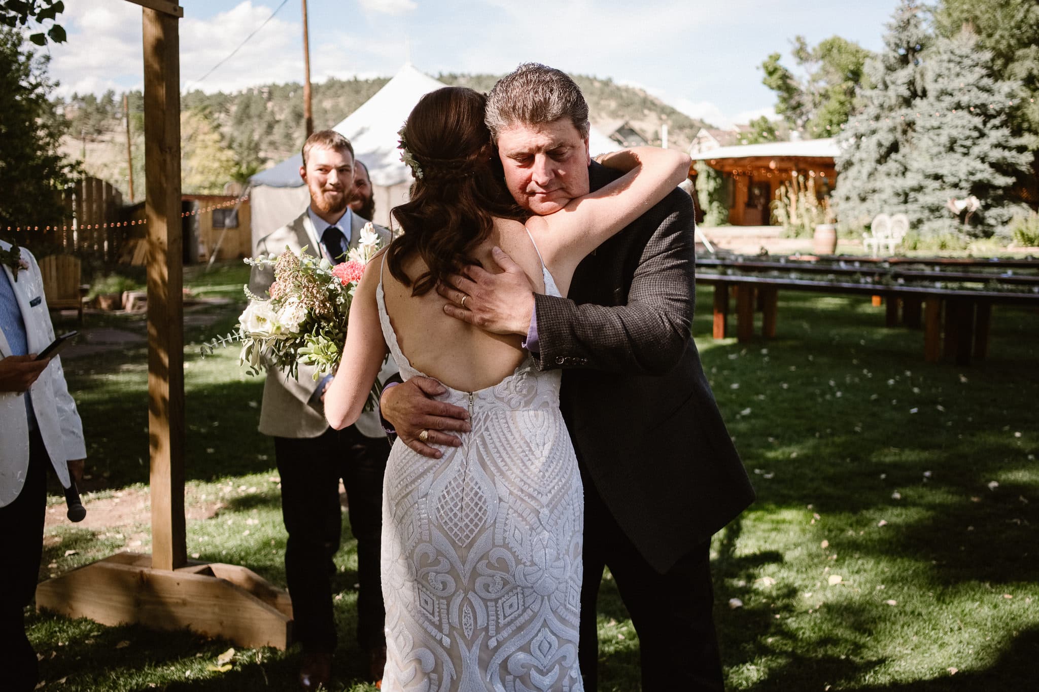 Lyons Farmette wedding photographer, Colorado intimate wedding photographer, wedding ceremony, bride and father walking down aisle