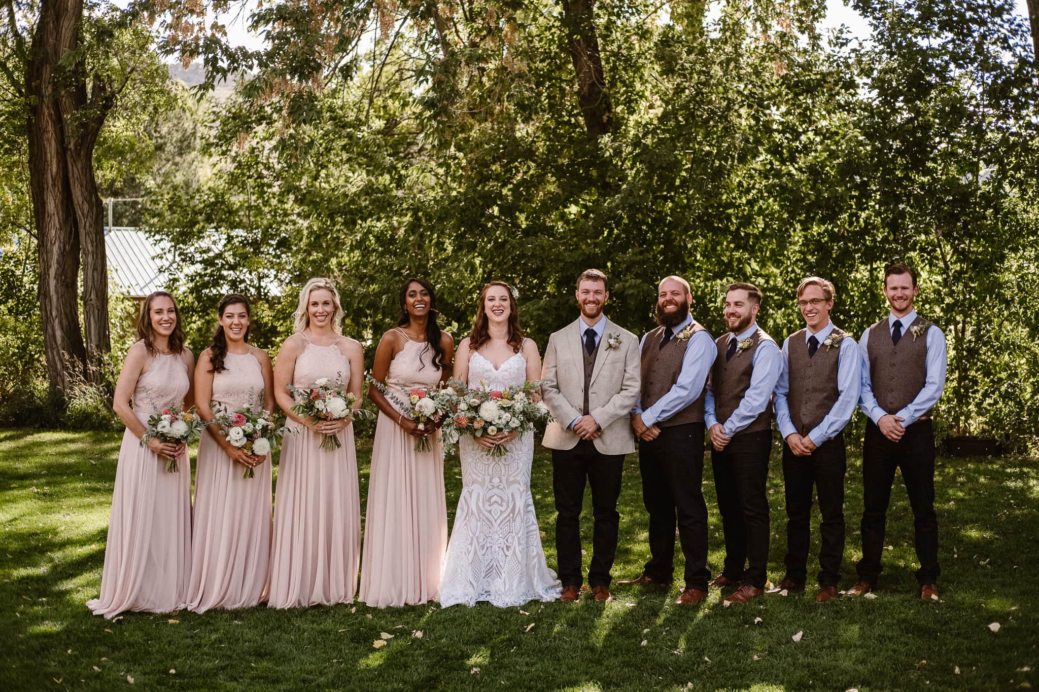 Lyons Farmette wedding photographer, Colorado intimate wedding photographer, wedding party photo, bridesmaids in dusty pink dresses, groomsmen wearing vests