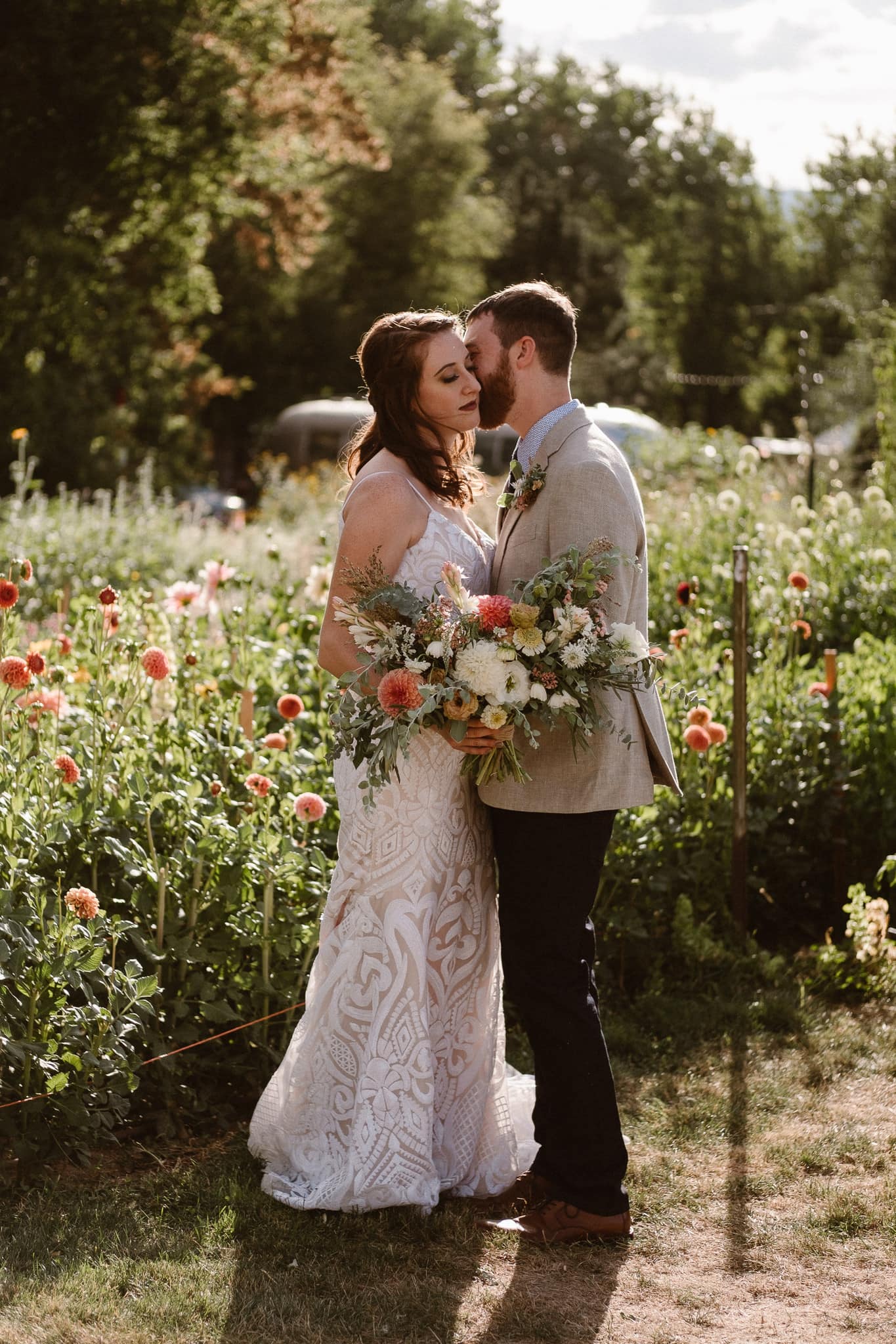 Lyons Farmette wedding photographer, Colorado intimate wedding photographer, bride and groom photos in flower garden