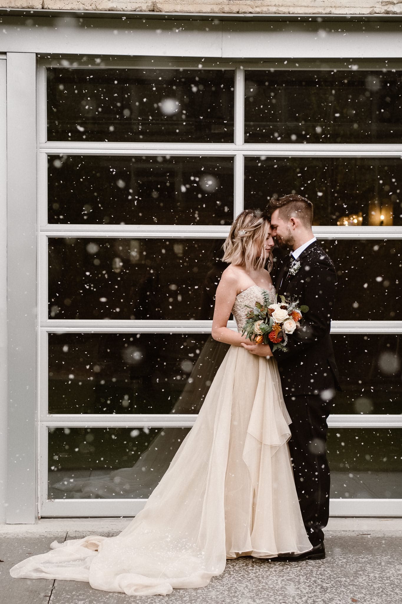 St Vrain Wedding Photographer | Longmont Wedding Photographer | Colorado Winter Wedding Photographer, Colorado industrial chic wedding, bride and groom portraits in snow