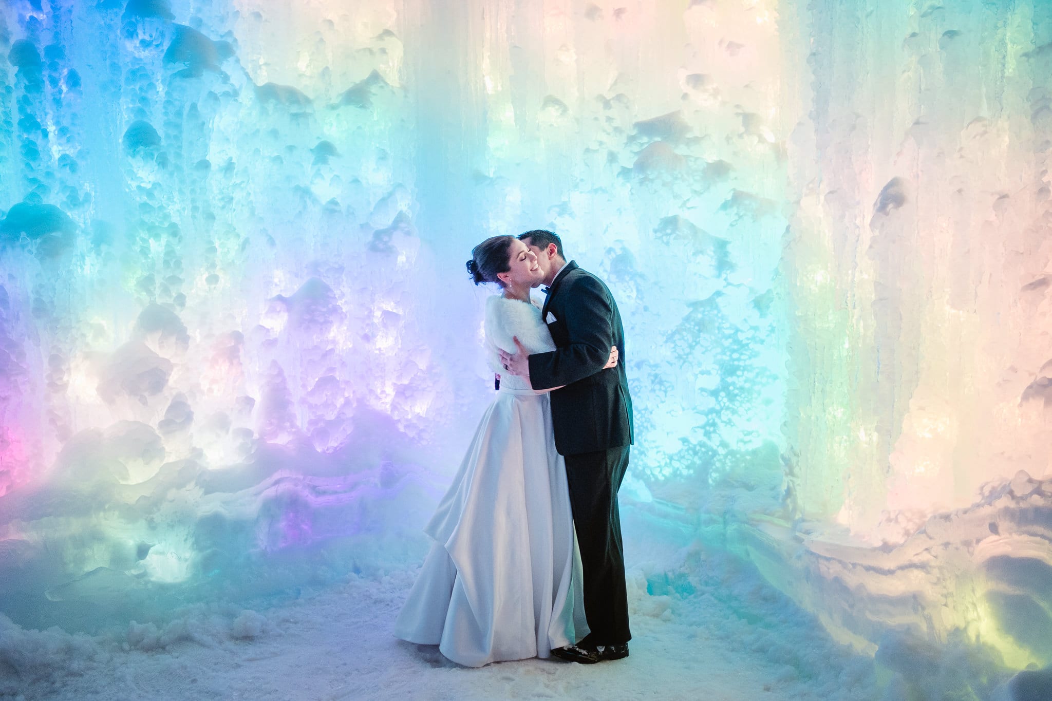 Bride and groom at Ice Castles in Dillon, Colorado