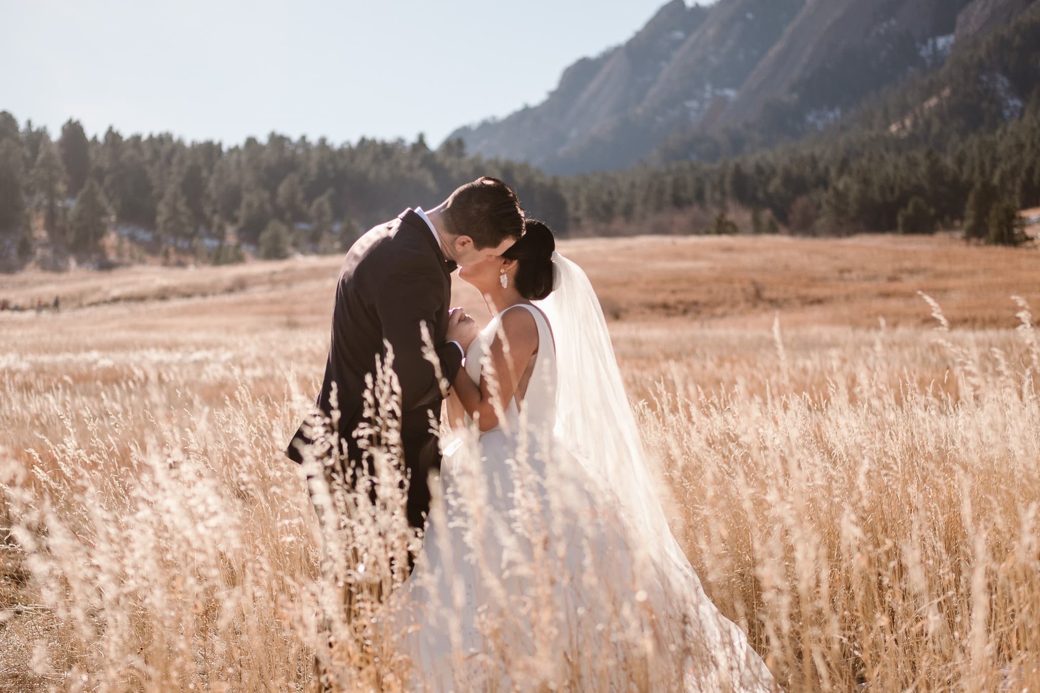 Bride and groom portraits at Chautauqua with views of the Flatirons, Boulder wedding photographer, Colorado wedding photographer, St Julien wedding with mountain wedding photos