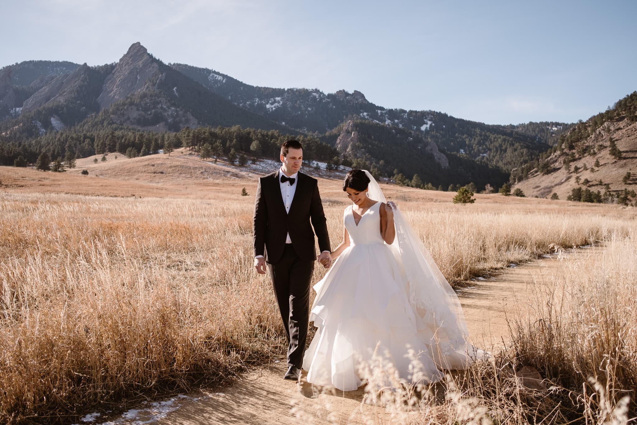 Bride and groom portraits at Chautauqua with views of the Flatirons, Boulder wedding photographer, Colorado wedding photographer, St Julien wedding with mountain wedding photos