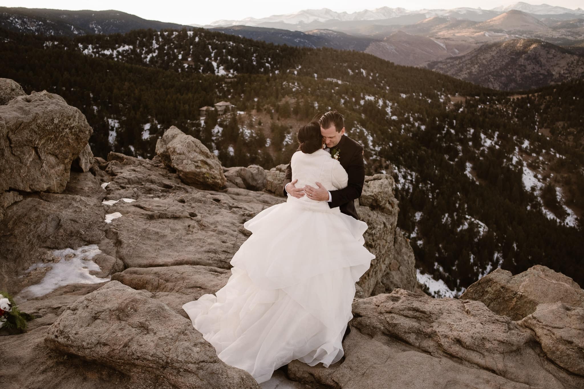 Lost Gulch wedding portraits of bride and groom, St Julien wedding with mountain portraits at sunset, Boulder wedding photographer, Colorado wedding photographer