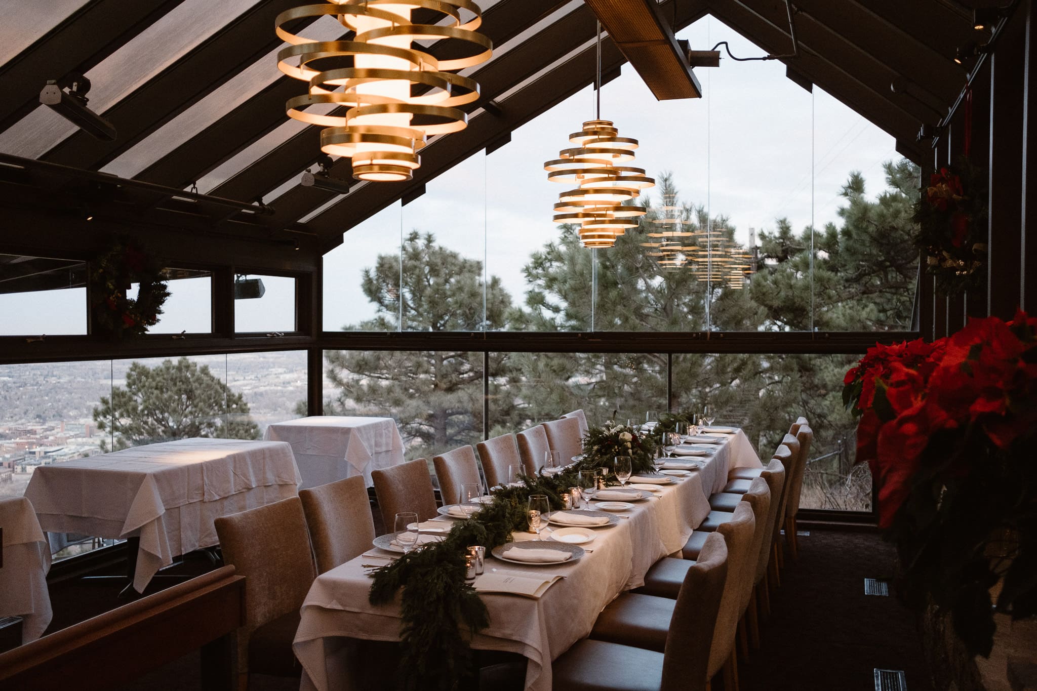 Flagstaff House wedding reception, Boulder intimate wedding, Christmas themed wedding reception decor