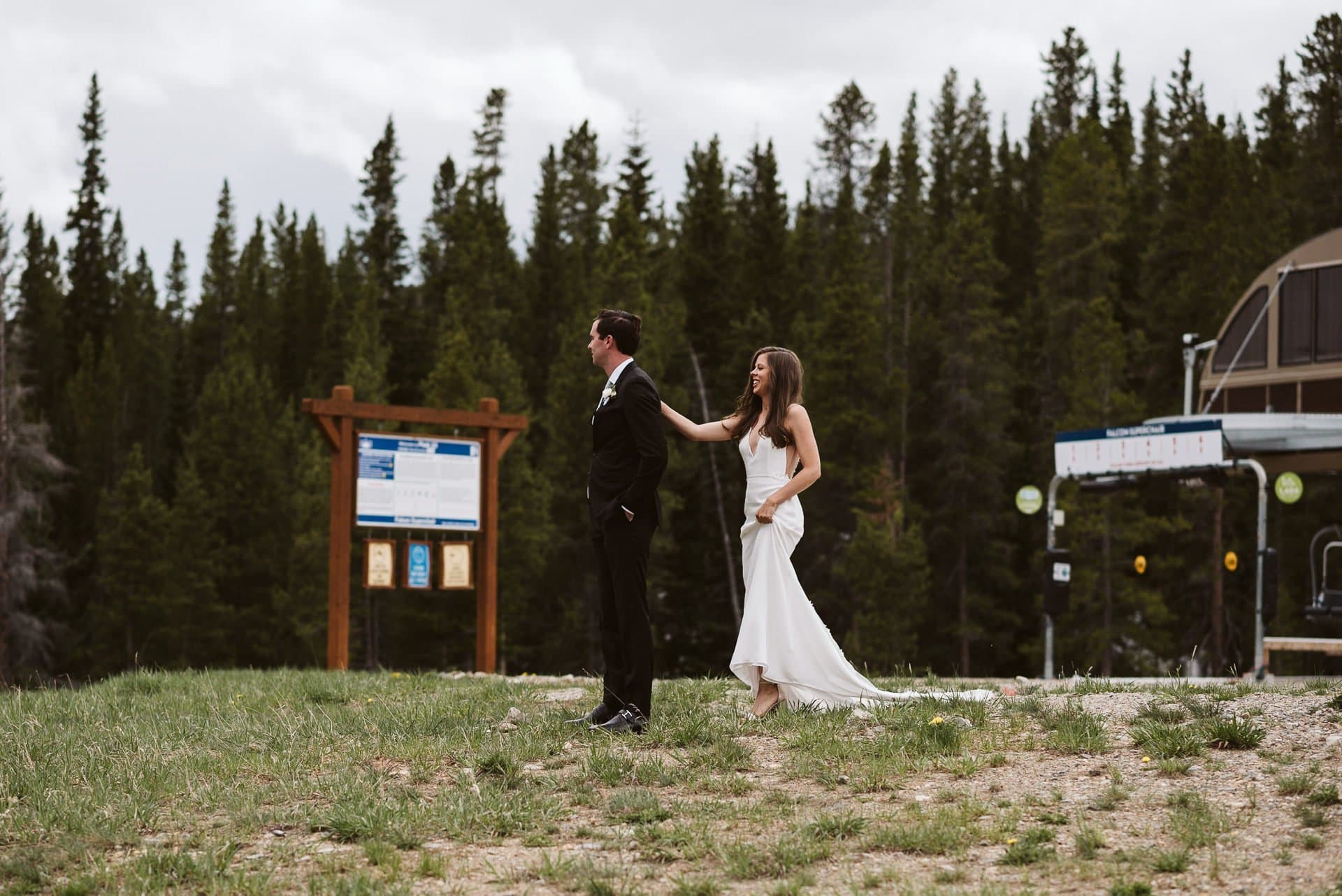 Bride and groom first look at Ten Mile Station, Breckenridge ski resort wedding, Colorado mountain wedding photographer