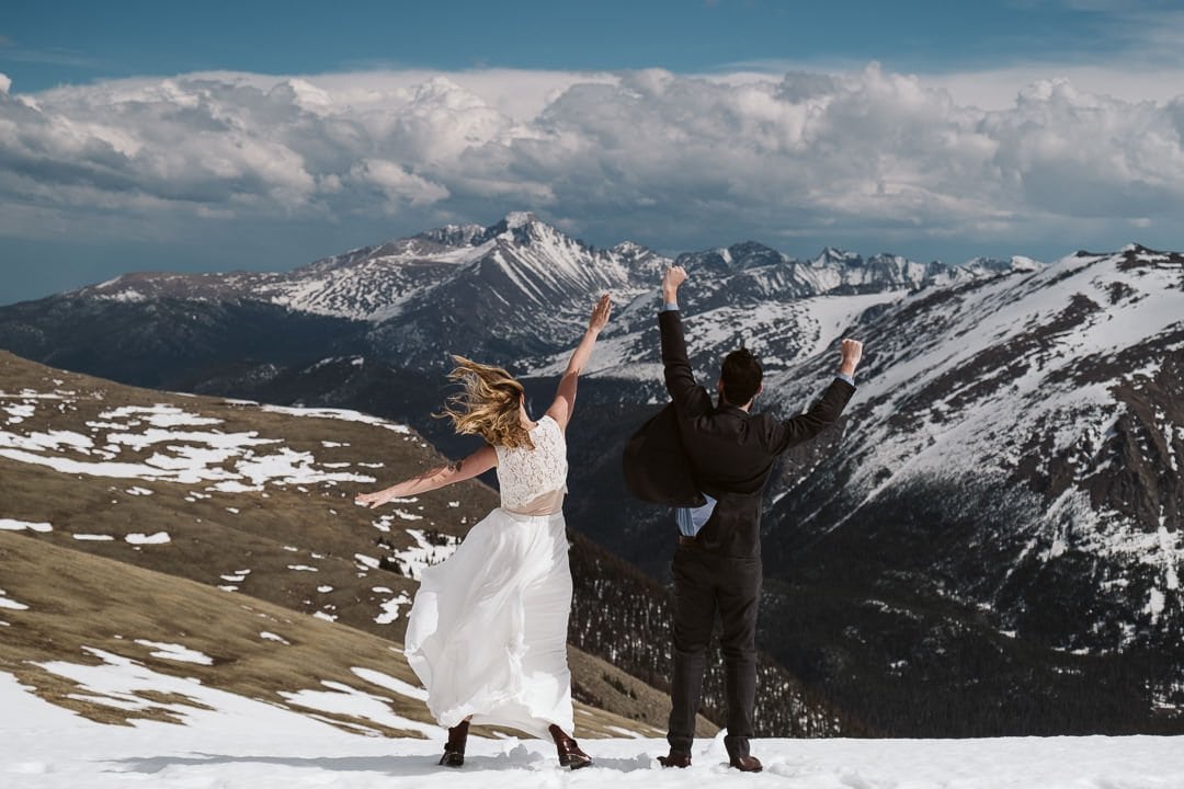 Bride and groom wedding photos at Trail Ridge Road, Rocky Mountain National Park elopement photographer, Colorado winter elopement