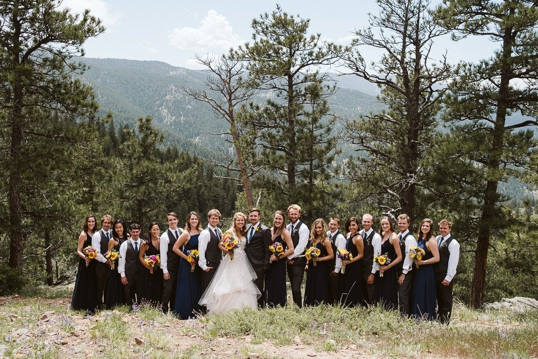 Wedding party on Flagstaff Mountain in Boulder after Sunrise Amphitheater wedding ceremony