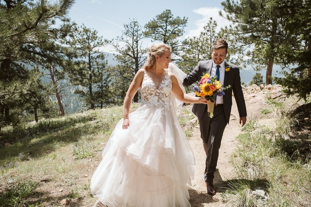 Bride and groom portraits at Flagstaff Mountain in Boulder after Sunrise Amphitheater wedding ceremony, Boulder wedding photographer, bride in BHLDN dress
