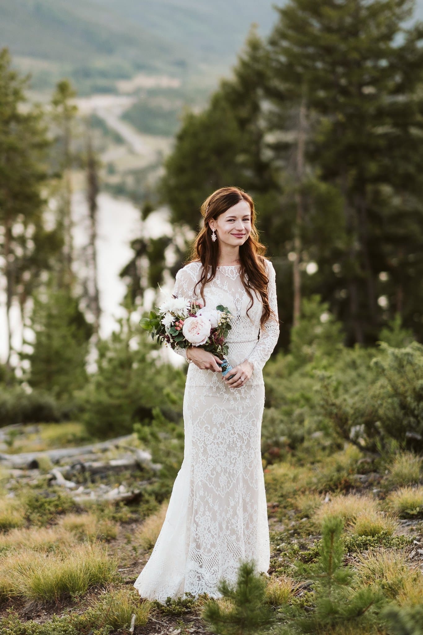 Bridal portraits in the woods, bride wearing Ortiva wedding dress from White One by Pronovias, long sleeve elegant wedding dress