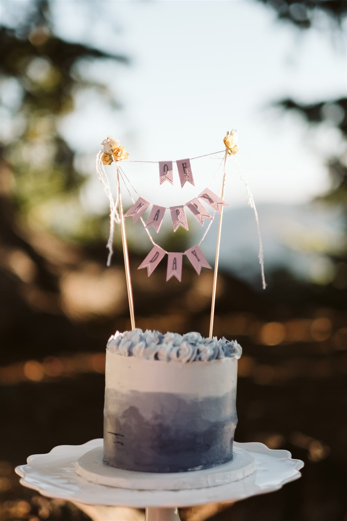 Elopement cake with "oh happy day" banner cake topper