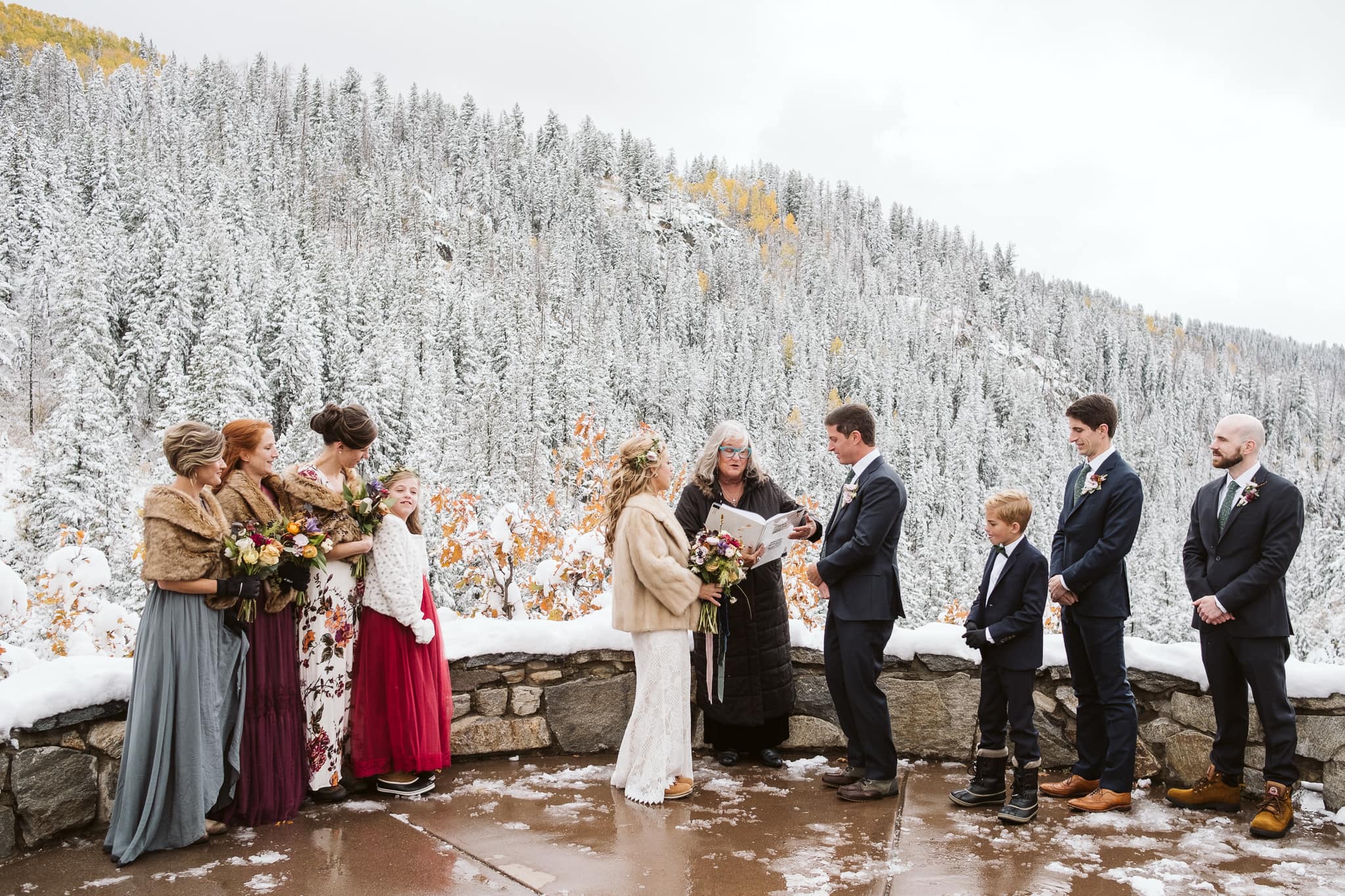 Elopement ceremony at Fish Creek Falls overlook in Steamboat Springs