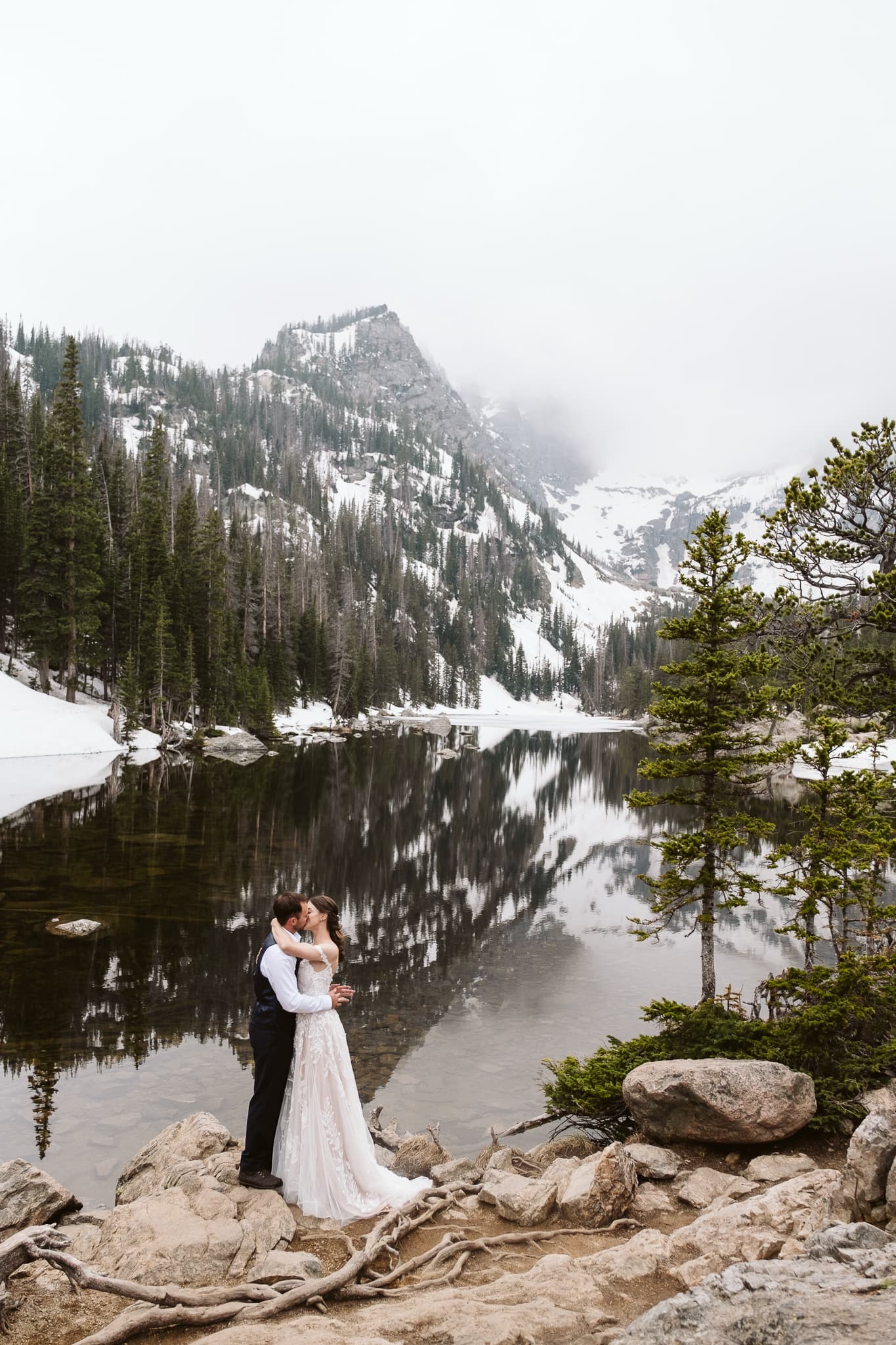 Dream Lake elopement with fog and moody weather