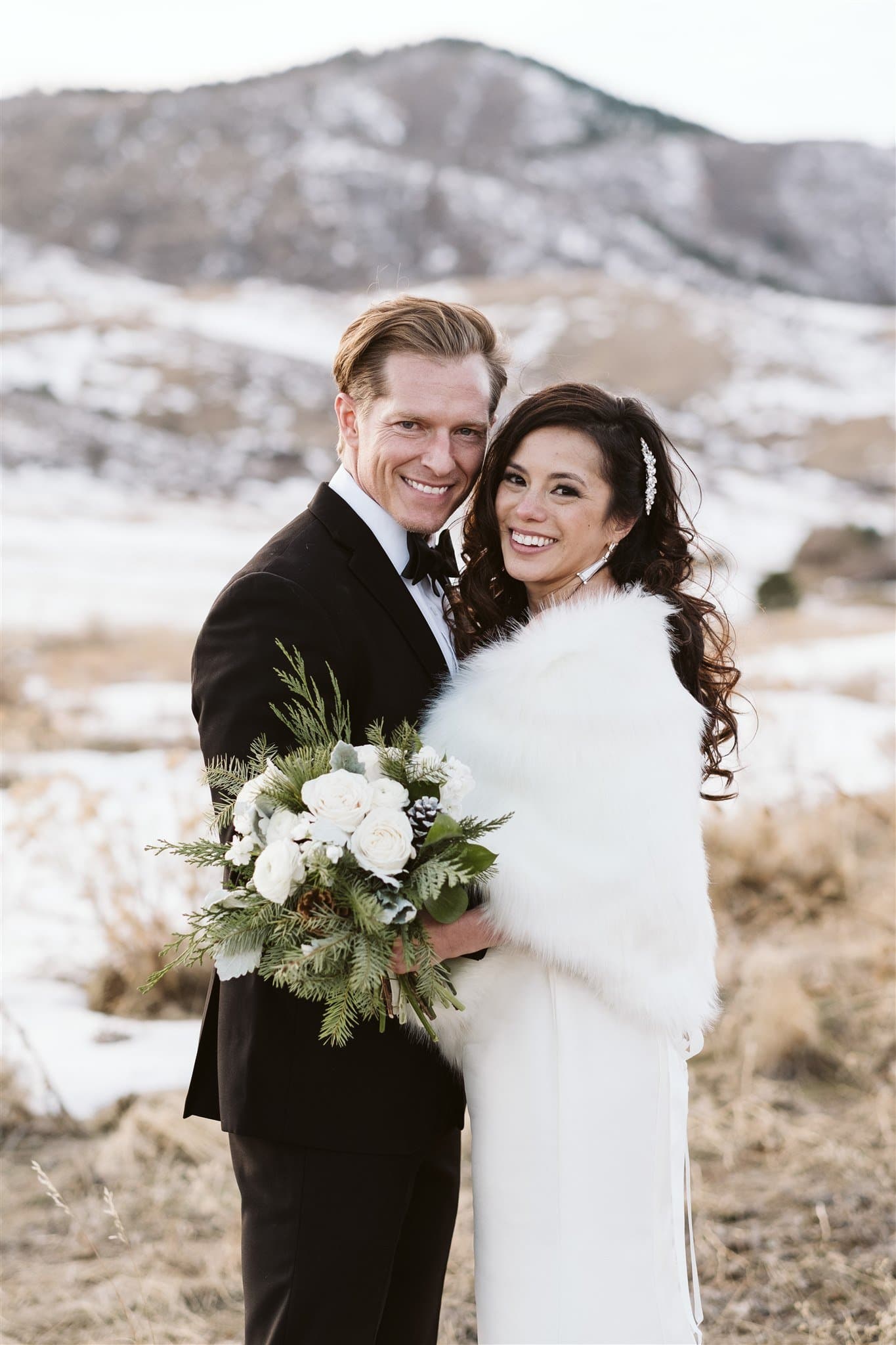 Bride and groom at winter wedding in Colorado