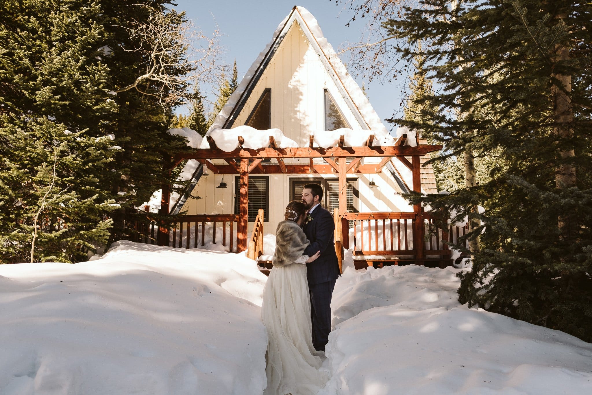 A-frame cabin winter elopement in Breckenridge, Colorado.