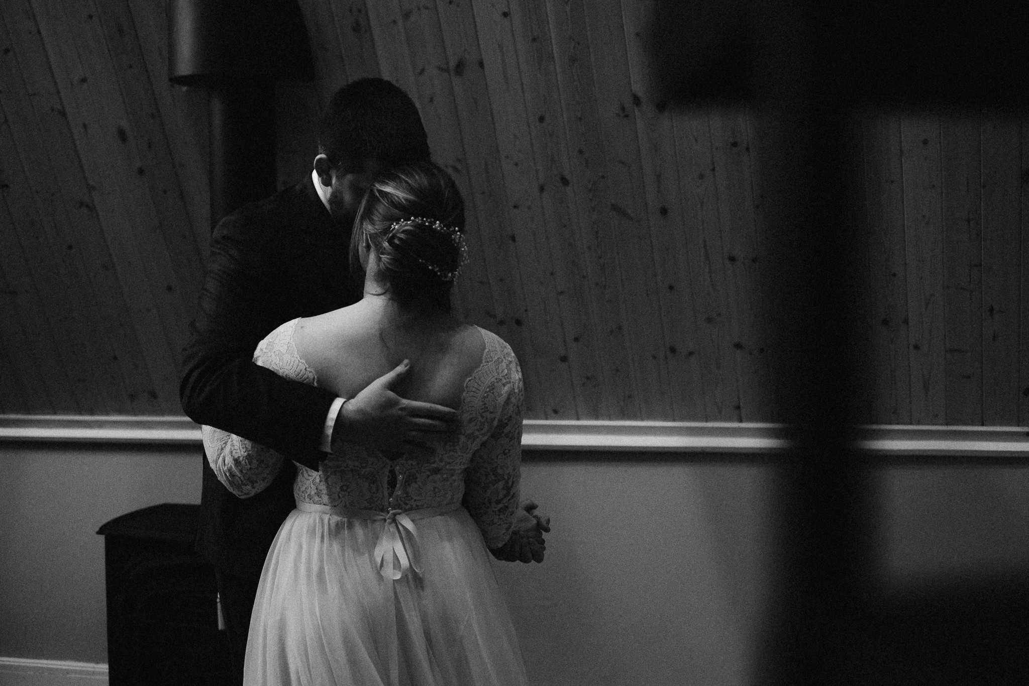 First dance in front of the fireplace at A-frame cabin in Colorado.