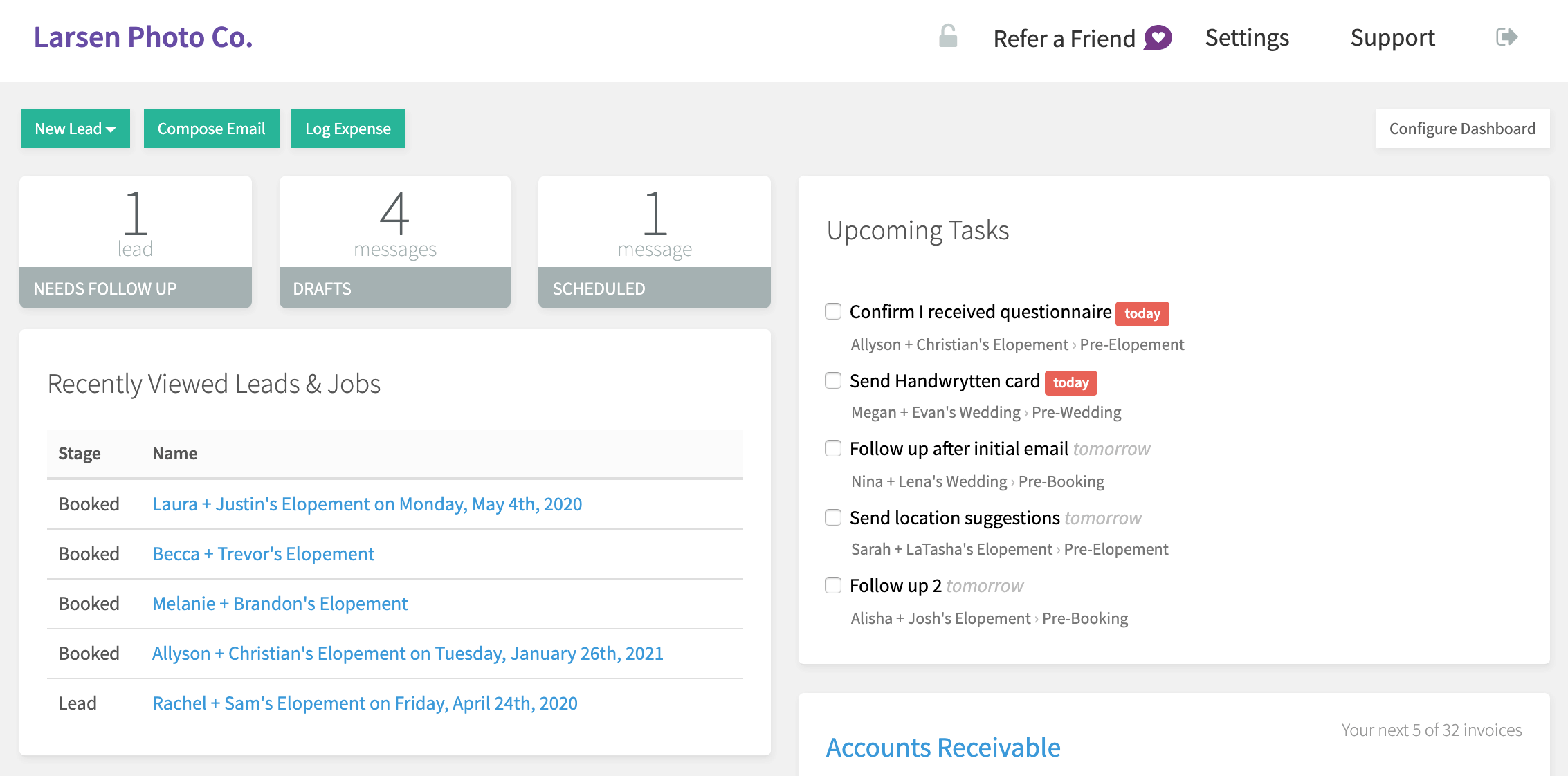 Screenshot of Táve CRM for photographers dashboard interface