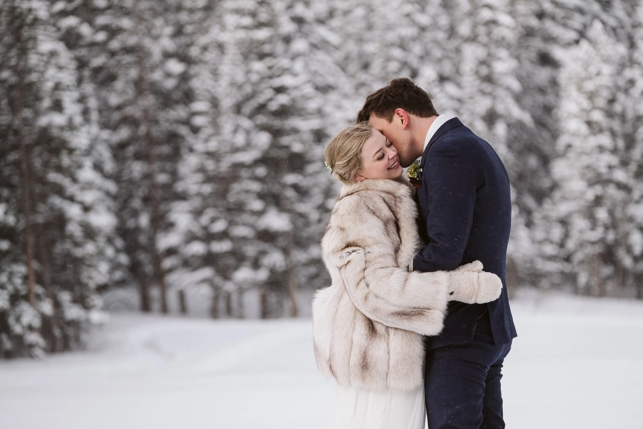 Bride and groom at winter elopement