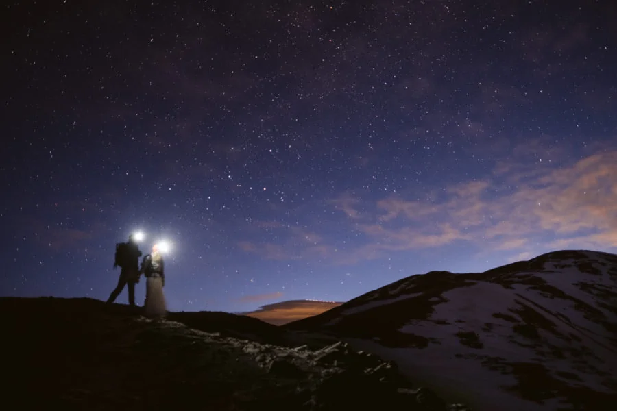 Winter hiking elopement with headlamps under the stars in the Colorado mountains