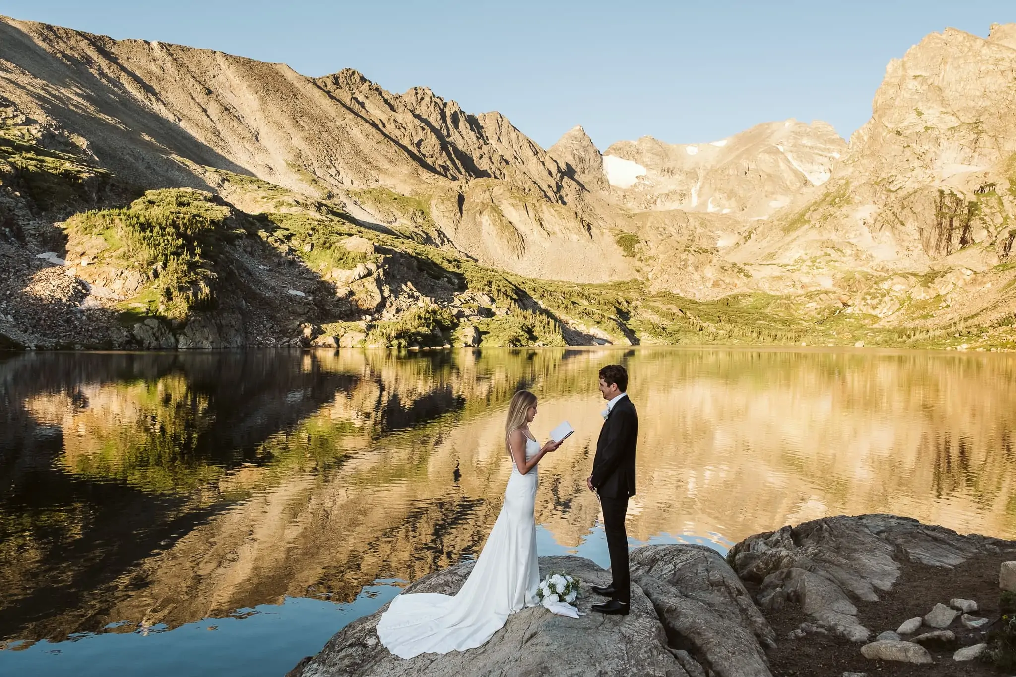 Colorado hiking elopement at an alpine lake at sunrise